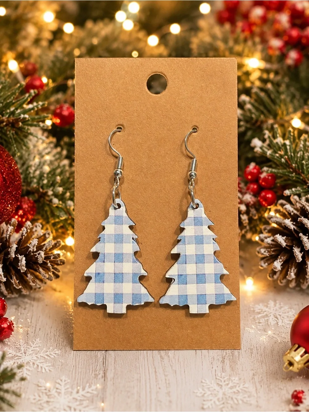 *Buy Now* Blue Plaid Christmas Tree Wooden Earrings